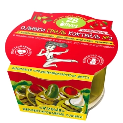 Оливки ГРИЛЬ Коктейль №2 с каперсами, томатом, Джалапено и огурчиком 28Olives, 150 г, упаковка спереди
