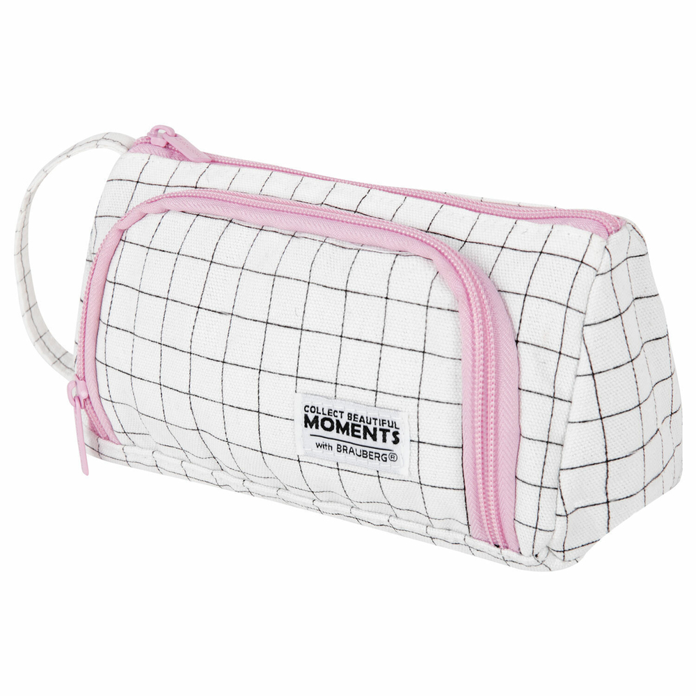 Пенал-косметичка BRAUBERG с ручкой 1 откидная планка полиэстер 22x10х8 см "Checkered white" (2 штуки в упаковке)