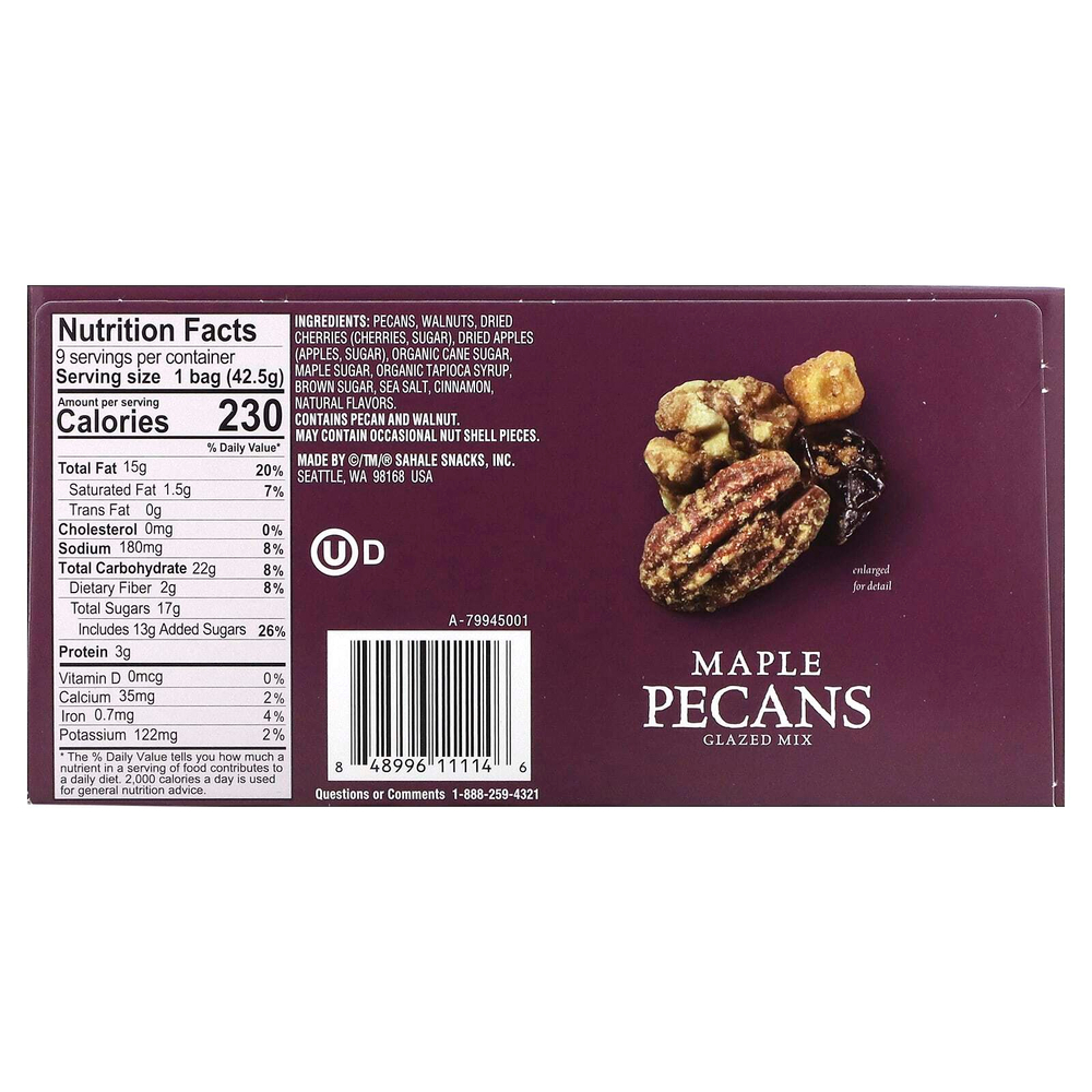 Sahale Snacks, Глазированный батончик, кленовые орехи и пекан, 9 упаковок, 1,5 унции (42,5 г)