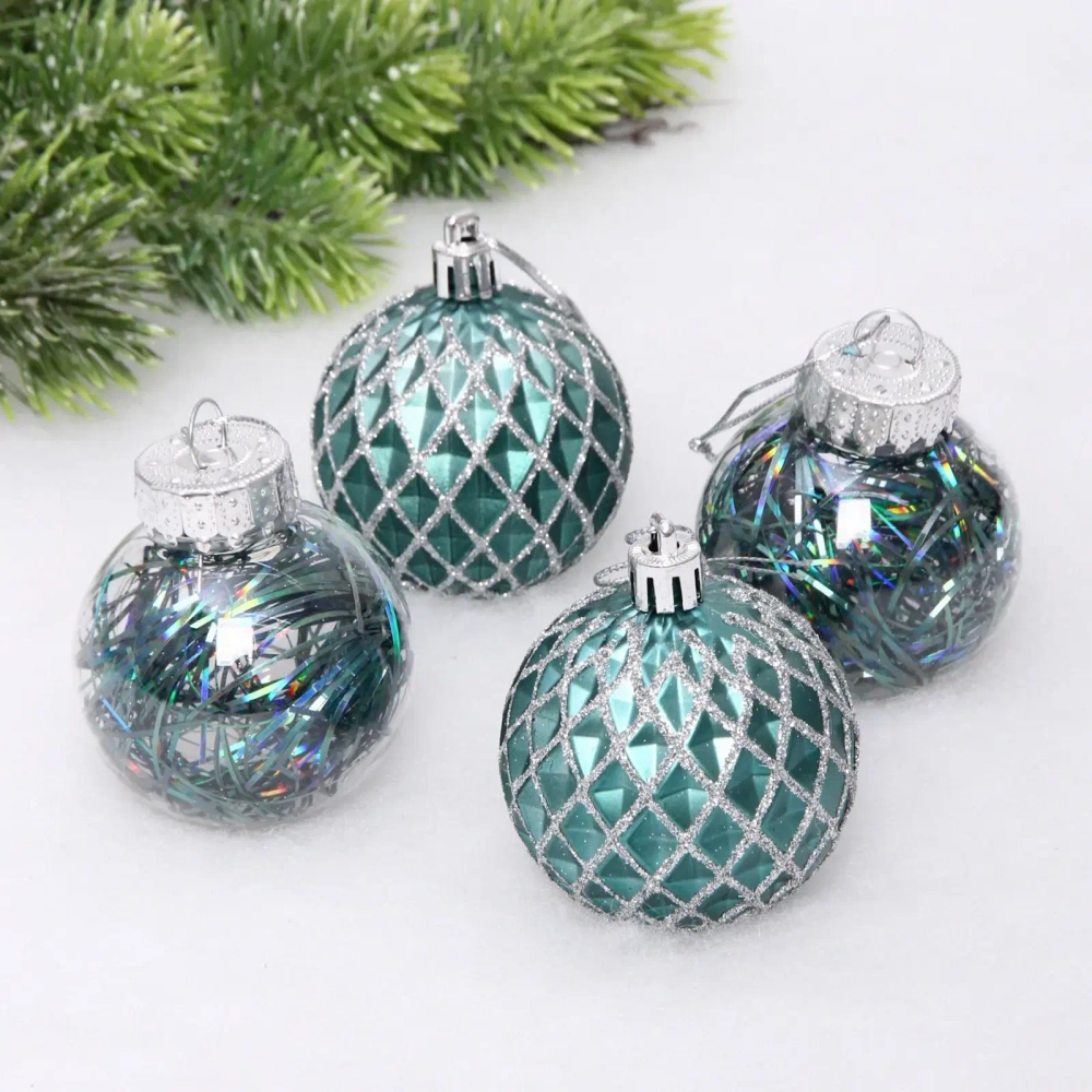 Новогодние шары 6 см (набор 4 шт) «Яркая метель», нефрит/серебро