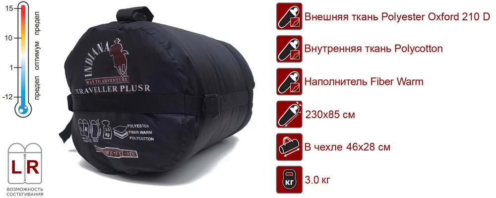 Спальный мешок одеяло с подголовн. INDIANA TRAVELLER PLUS 195+35*85 (-12/+15) L-zip