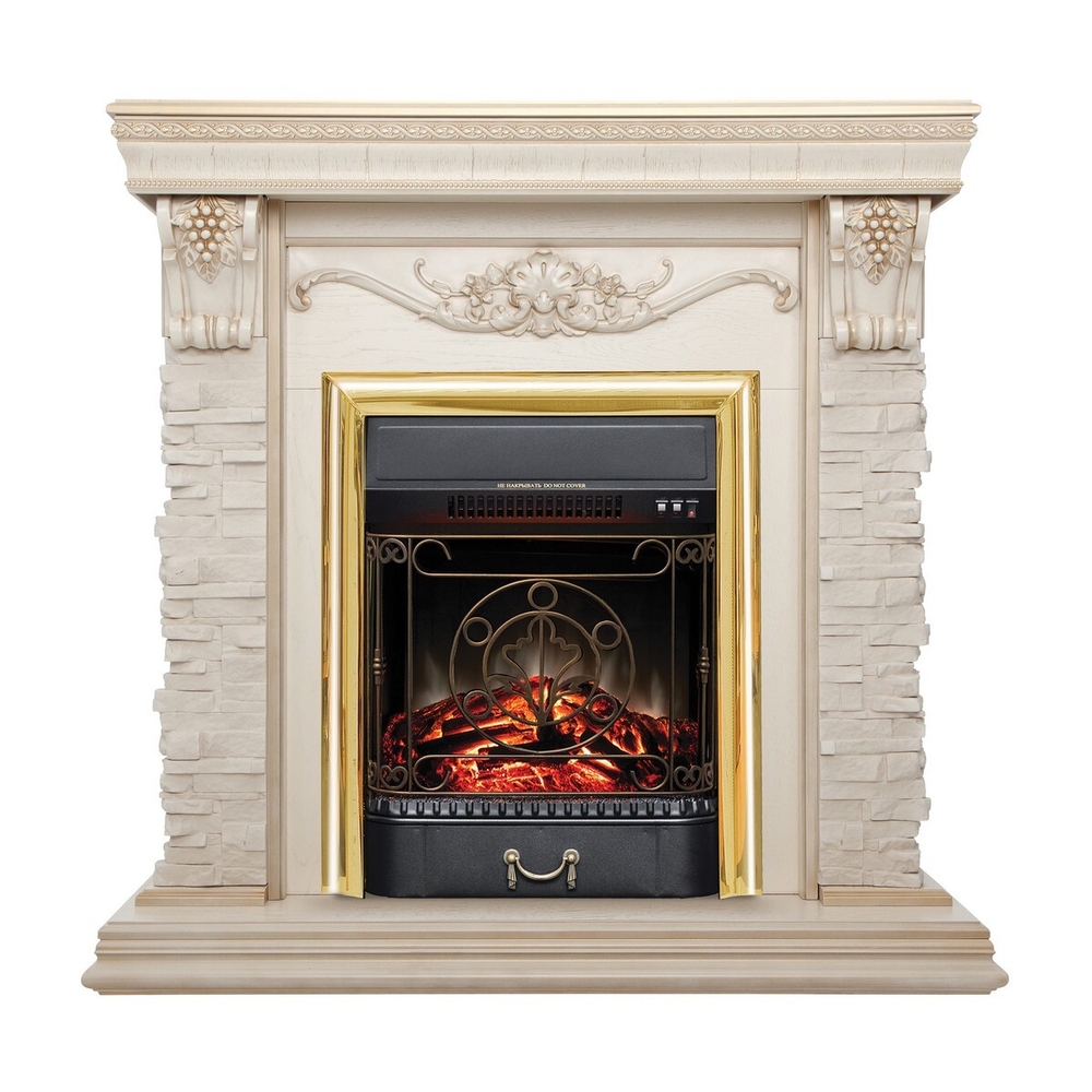 Электрокамин RealFlame Patricia WT белый дуб с золотой патиной с очагом Majestic Lux Brass