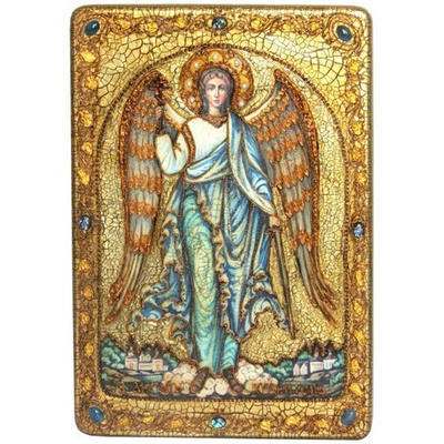 Инкрустированная большая икона Ангел Хранитель 42х29см на натуральном дереве в подарочной коробке