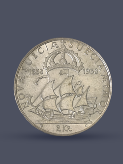 Монета 2 кроны 1938 "300 лет поселению Делавэр" Швеция