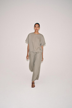 ZARA БРЮКИ ИЗ ЛЬНА С РАЗРЕЗАМИ — ZW COLLECTION, СЕРО-КОРИЧНЕВЫЙ
