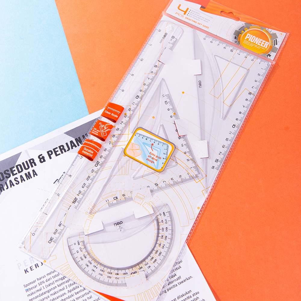 Набор линеек Deli "Pioneer" (угольник .2 шт, линейка 30 см,транспортир)