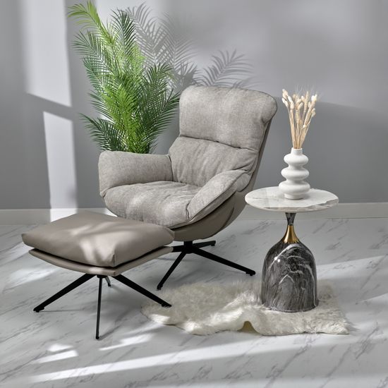 Комплект кресло HUG светло-серый, экокожа, шенилл с оттоманкой светло-серый, экокожа