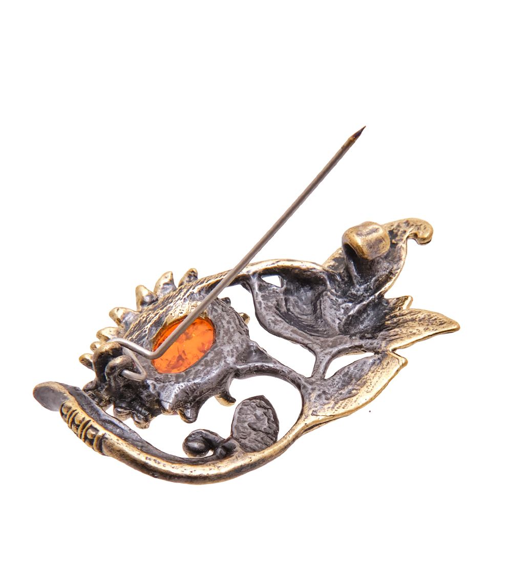 AM-3529 Брошь «Цветок Санвиталия» (латунь, янтарь)