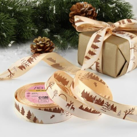 Лента атласная 25мм Снежные горы №155 бежевый, 9561263