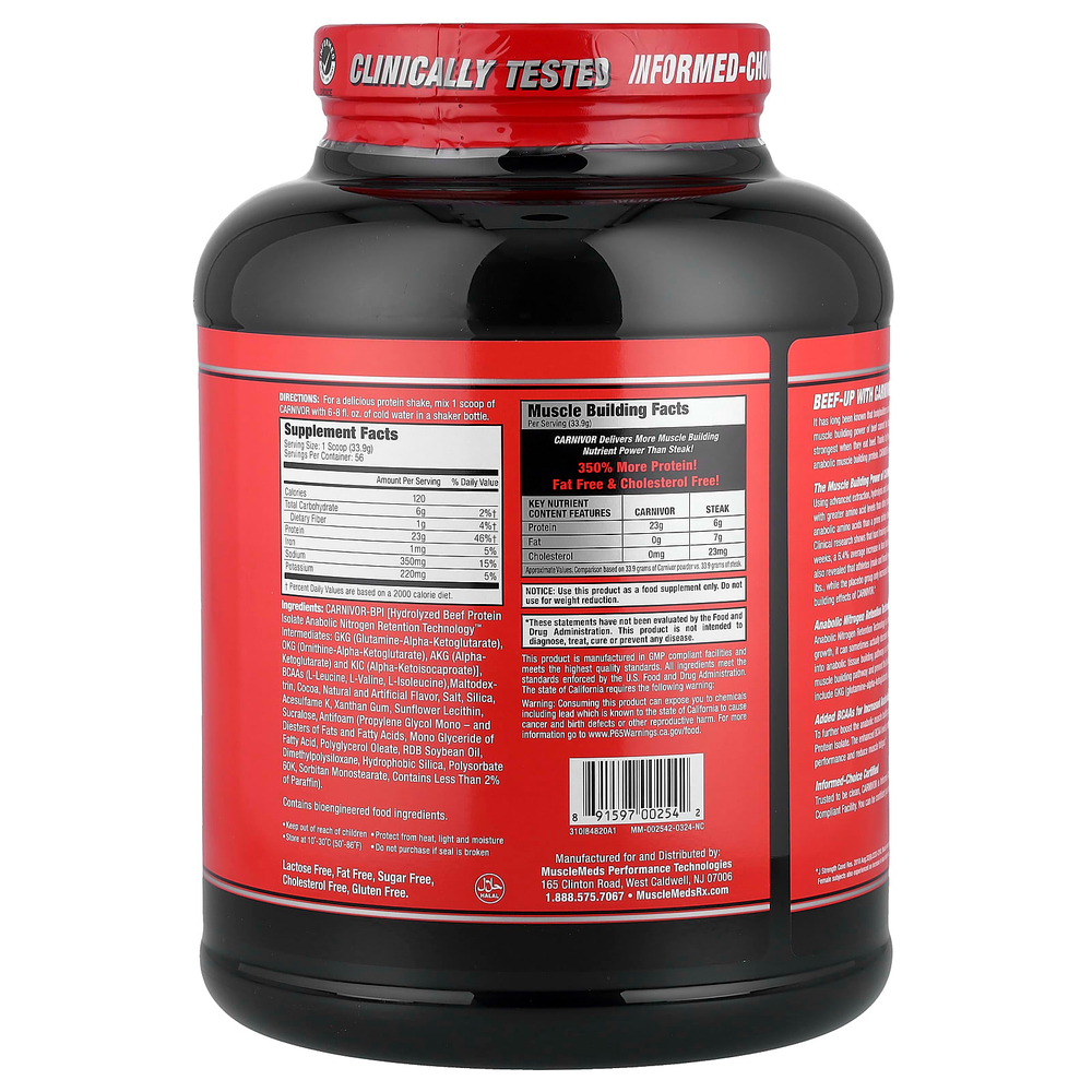 MuscleMeds, Carnivor™, гидролизованный изолят говяжьего протеина, со вкусом шоколада, 1898,4 г (4,19 фунта)