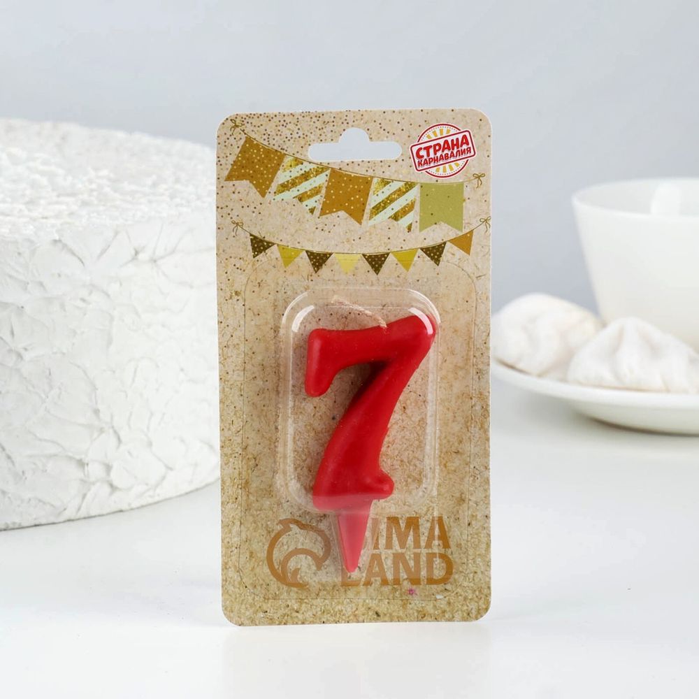Свеча для торта цифра "Овал" "7", красная, 5,5 см