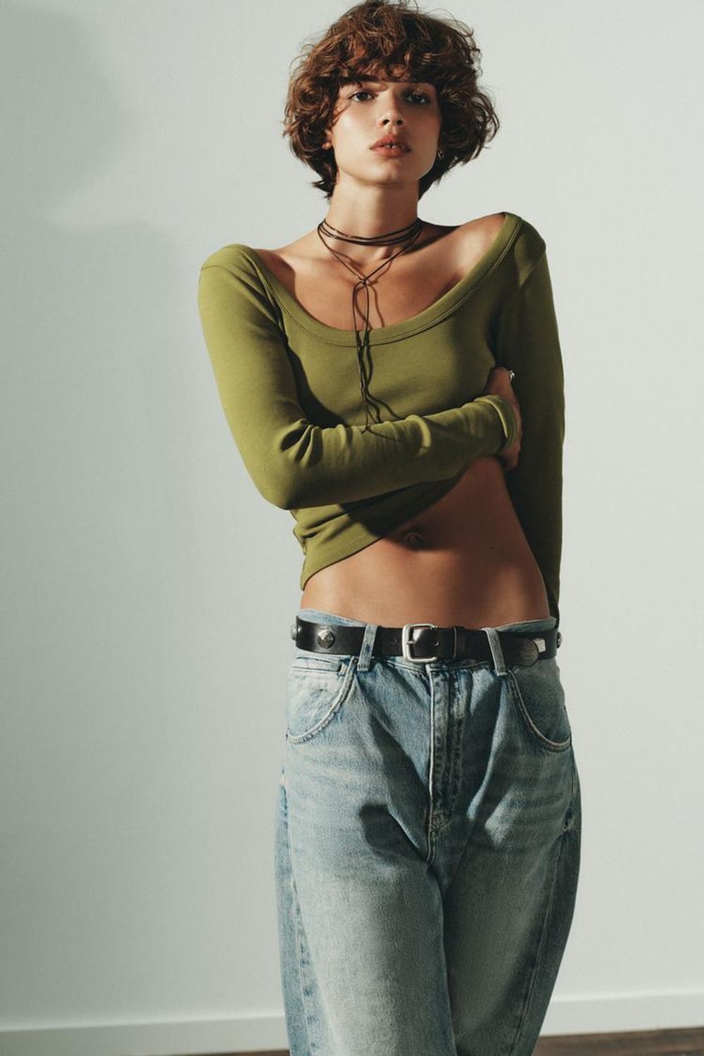 ZARA ФУТБОЛКА В РУБЧИК С ДЛИННЫМИ РУКАВАМИ, ЗЕЛЕНЫЙ