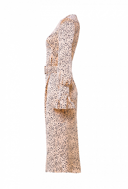 Платье шёлковое, юбка-годе бежевое с черным рисунком 04-02-22 SS