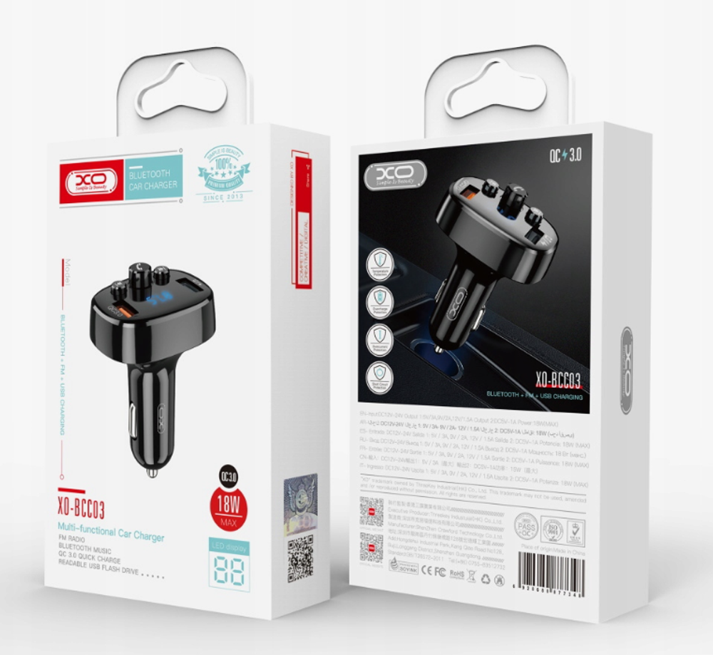 АЗУ XO-BCC03 car charger 18W Bluetooth+QC3.0 Quick Charger