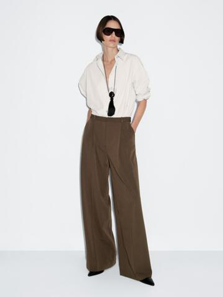 Massimo Dutti Брюки с широкими штанинами и защипами, коричневый