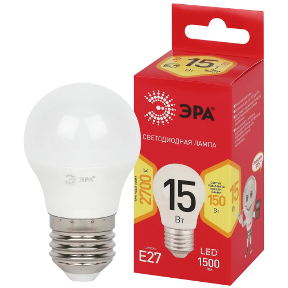 Лампа светодиодная ЭРА RED LINE LED P45-15W-827-E27 R 15Вт шар теплый белый свет E27 | Лампы cветодиодные Шар (G/P)