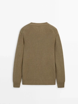Massimo Dutti Свитер из хлопка букле с круглым вырезом, хаки