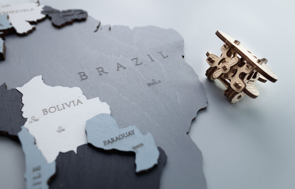 EWA Деревянная Карта Мира настенная, объемная 3 уровня, размер L (192x105 см), цвет дымчатый