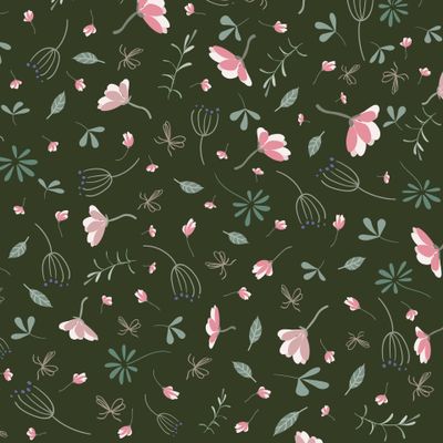 pattern with leaves and pink flowers 01112021 dark green