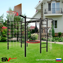 Уличная шведская стенка Sv Sport рукоход с комплектом турник прямой 2шт У5246К (Турник/Брусья/Гнездо 80см/Щит баскет/Канат/кольца/лестница/Сетка)
