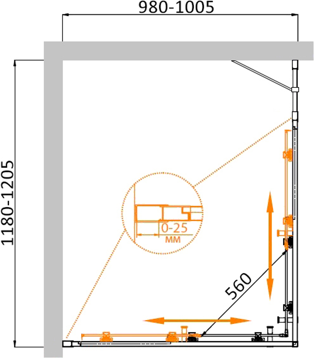 Душевой уголок Cezares MOLVENO-AH-21-100+20-C-BORO-IV, 120х100х195, профиль брашированное золото, прозрачное стекло