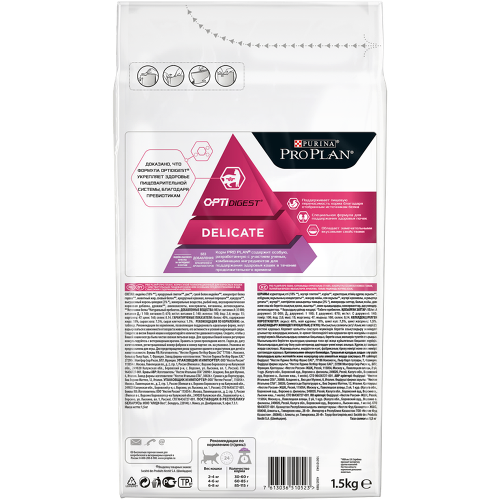 Purina Pro Plan Delicate Сухой корм для кошек с чувствительным пищеварением с индейкой, 1,5 кг