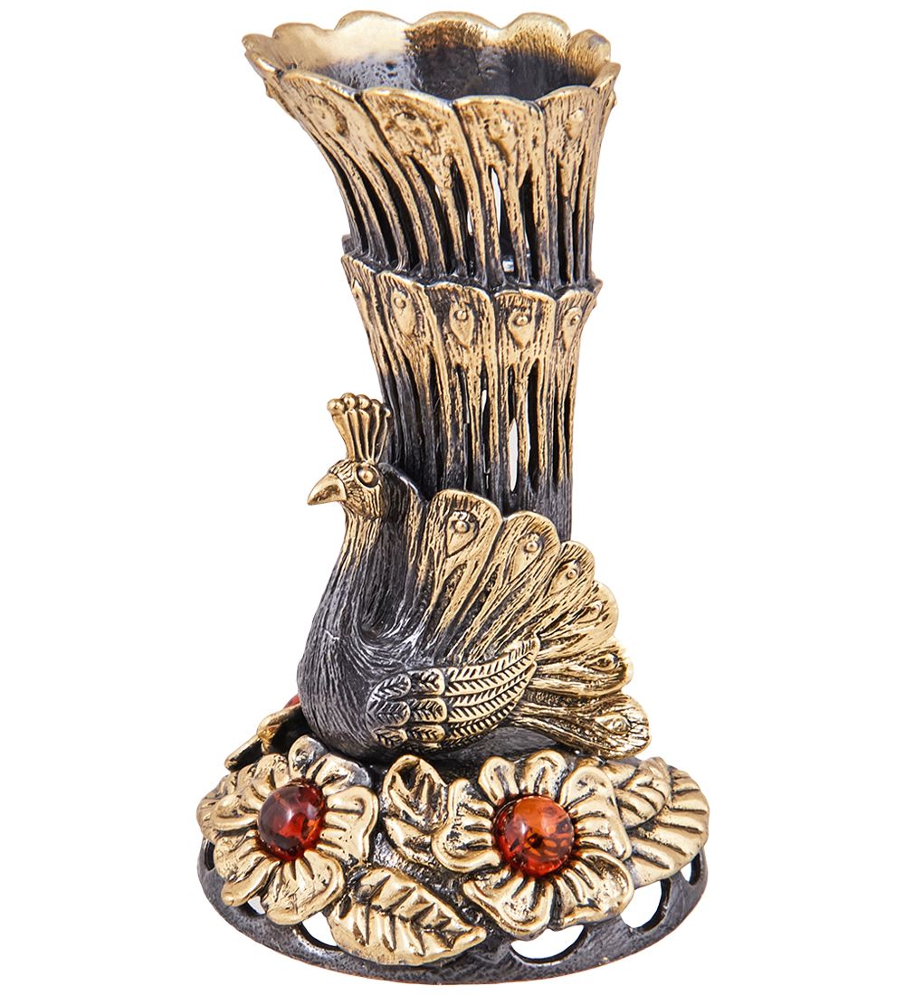 Народные промыслы AM-3909 Подсвечник «Павлин» (латунь, янтарь)