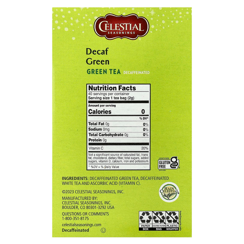 Celestial Seasonings, Зеленый чай, без кофеина, 40 чайных пакетиков, 74 г (2,6 унции)