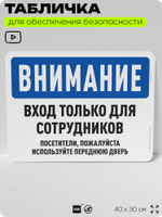 Табличка для обеспечения безопасности "Внимание, вход только для сотрудников", для офиса, по охране труда для предприятия, организаций, 40х30 см, Silver Plane x Айдентика Технолоджи