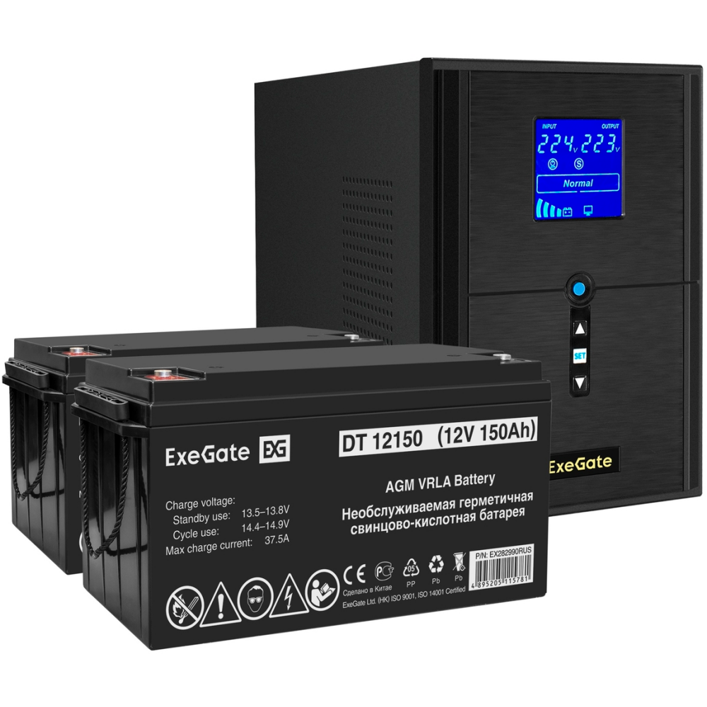 ИБП + батарея ExeGate SineTower SZ-2000.LCD.AVR.3SH.1C13.USB + 2x DT 12150 (150Ач)