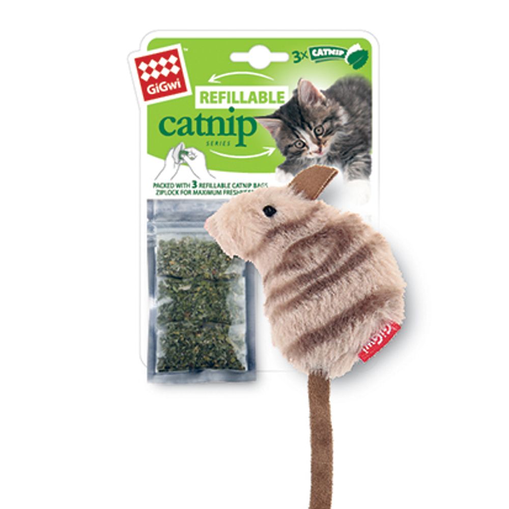 Gigwi REFILLABLE CATNIP Игрушка для кошек Мышка с кошачьей мятой 10см