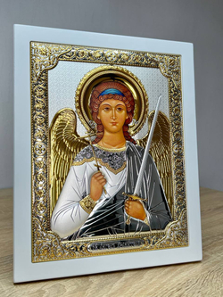 Ангел Хранитель, икона прямоугольная с рамкой, белое дерево 185х235