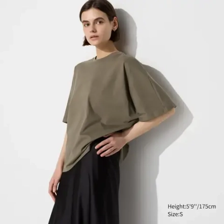 UNIQLO ХЛОПКОВАЯ ФУТБОЛКА ОВЕРСАЙЗ, ОЛИВКОВЫЙ