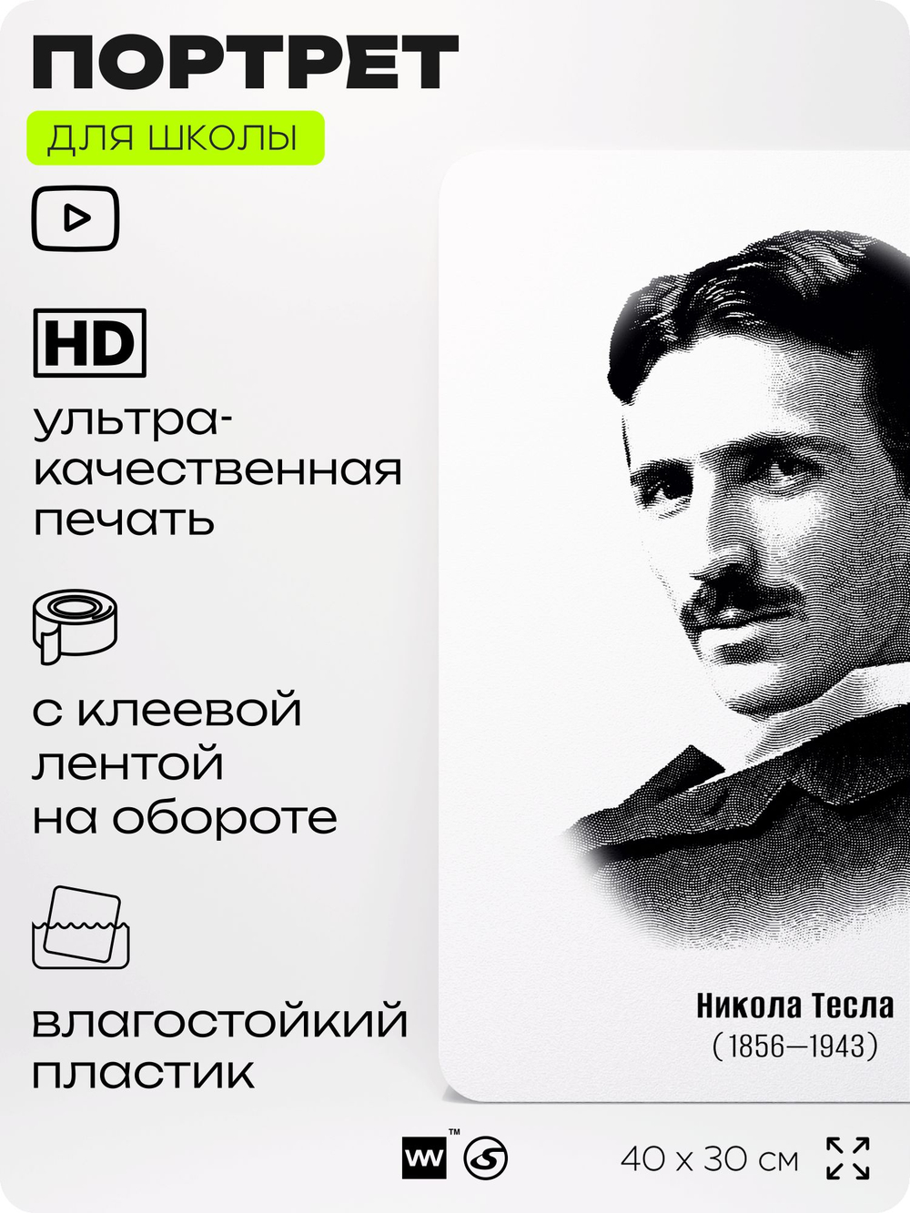 Портрет для школы в кабинет физики "Никола Тесла", стенд школьный для класса, деятели науки для оформления классного уголка, 40х30 см, Silver Plane x Айдентика Технолоджи