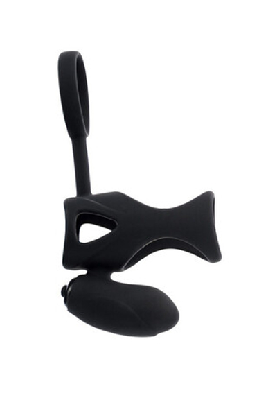 Стимулирующая насадка на пенис с клиторальным стимулятором и кольцом для мошонки Vibrating Cage (Цвет: черный)