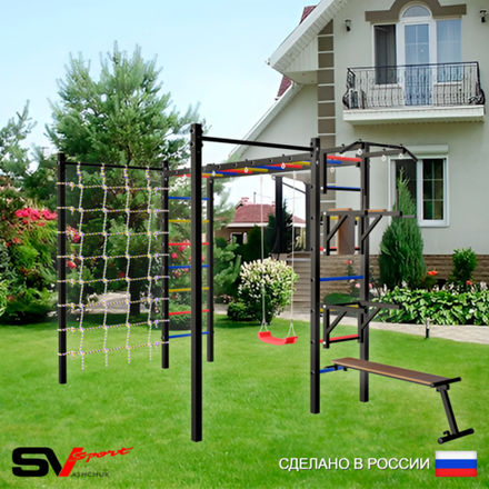 Уличная шведская стенка Sv Sport рукоход с комплектом турник прямой 2шт У5196 (Турник/Брусья/Стойка/Скамья/"Лодочка"/Сетка)