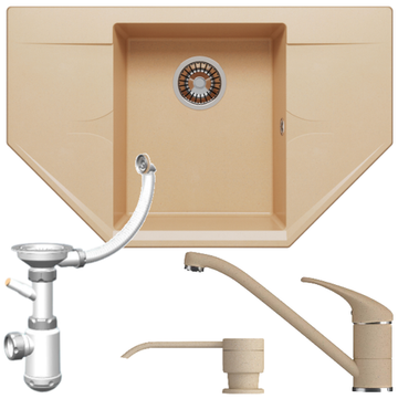 Мойка POLYGRAN RIFF-800 бежевый №27, смеситель НИЗКИЙ КРАН ЭКО бежевый