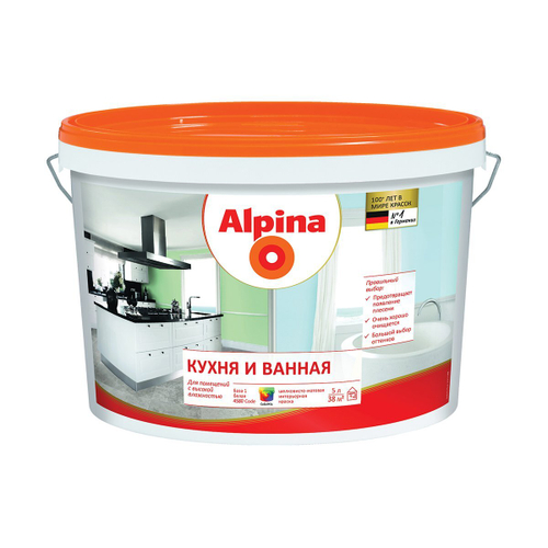 КРАСКА ВД-ВАЭ ALPINA КУХНЯ И ВАННАЯ БАЗА 1, БЕЛАЯ 5Л