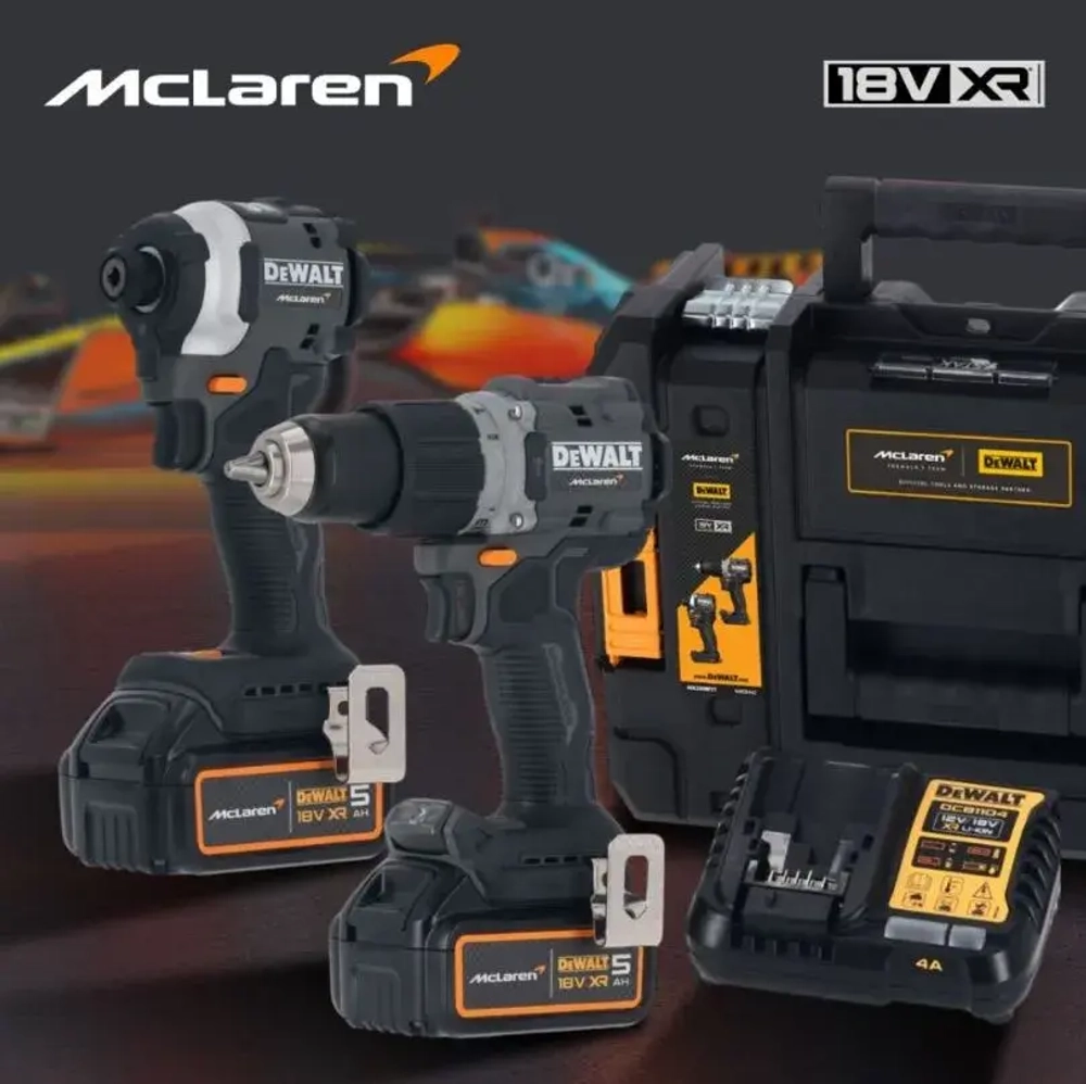 Аккумуляторный набор DEWALT McLaren Limited Edition DCK200MP2T: дрель-шуруповерт + шуруповерт, с 2 АКБ 5 Ач и ЗУ, в кейсе