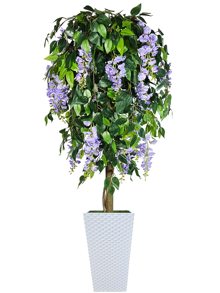 Искусственная Глициния сиреневая 150см в высоком белом кашпо ротанг