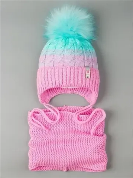 Шапка зимняя вязаная с помпоном и снуд для девочки