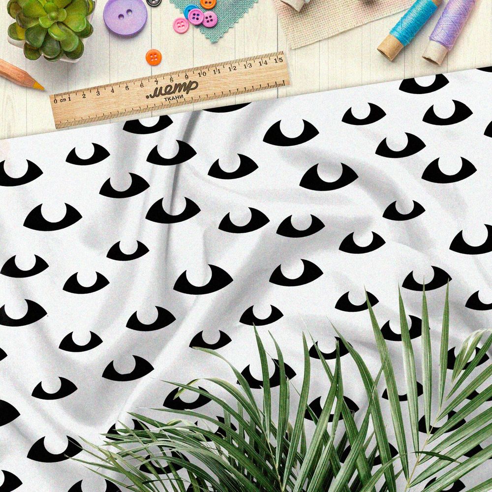 Ткань габардин чёрные глаза на белом фоне