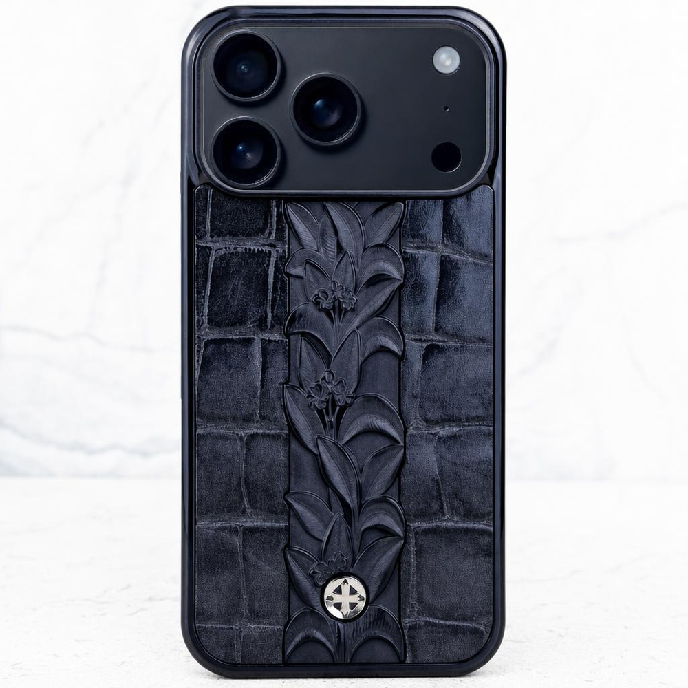 Чехол iPhone из кожи крокодила с вставкой обсидиан Oleander Noir — Euphoria HM