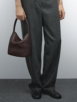 Massimo Dutti Сумка-мешок из кожи наппа с плетеным узором, коричневый