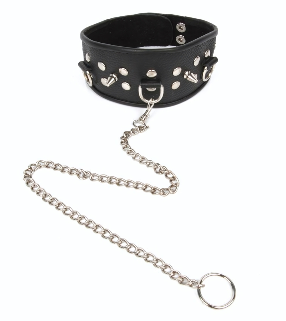 Черный ошейник с шипами и металлическим поводком-цепочкой (Цвет: черный)