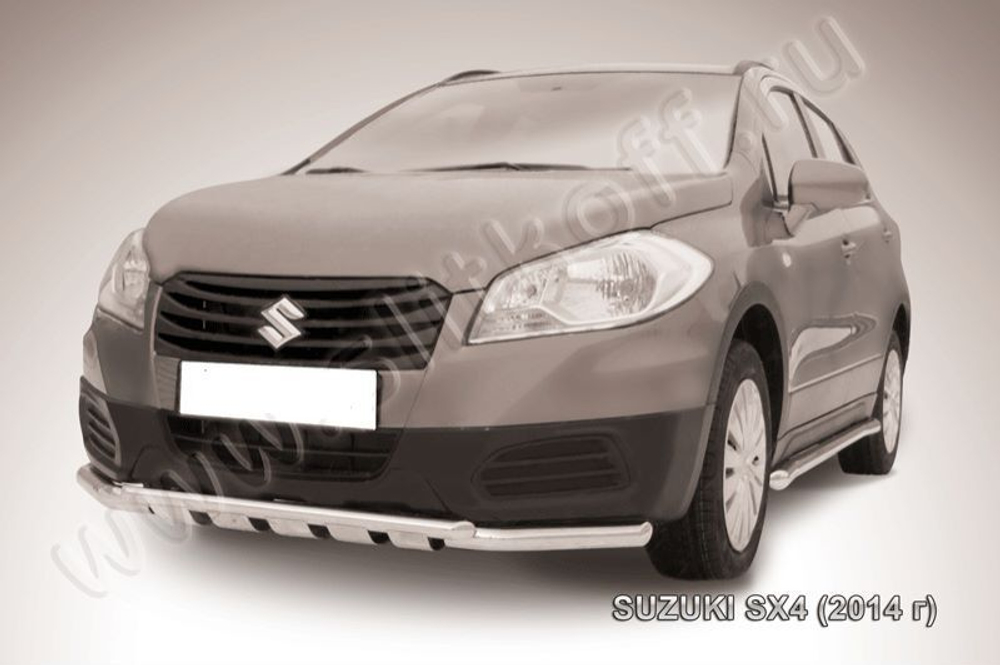 Защита переднего бампера (нержавейка) Suzuki SX-4 (2013-2016) d57+d42 с защитой картера (черный)