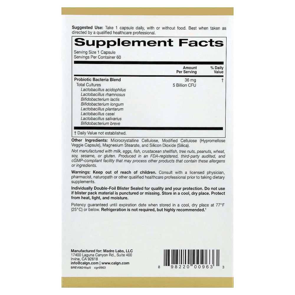 California Gold Nutrition, LactoBif® 5, пробиотики, 5 млрд КОЕ, 60 растительных капсул