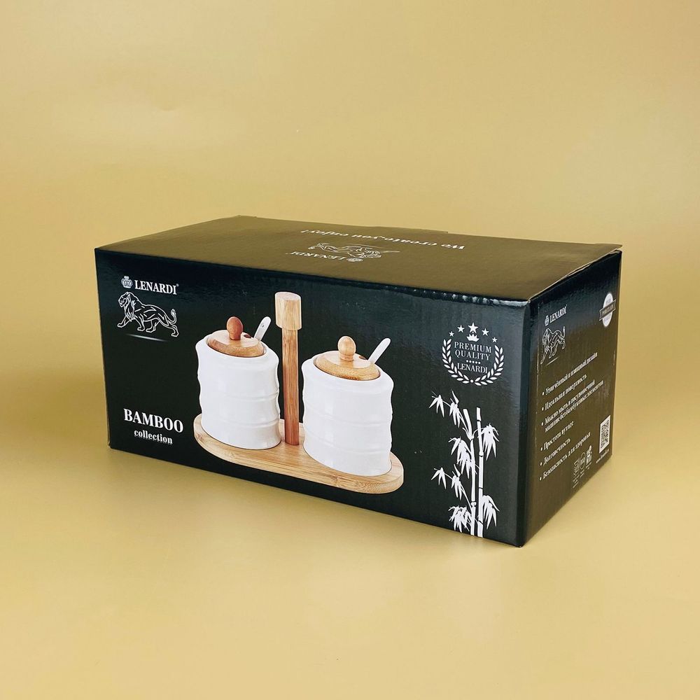 Lenardi 140-156 Набор из 2 банок 320мл для специй с ложками на подставке BAMBOO в под.уп.(х24)Фарфор