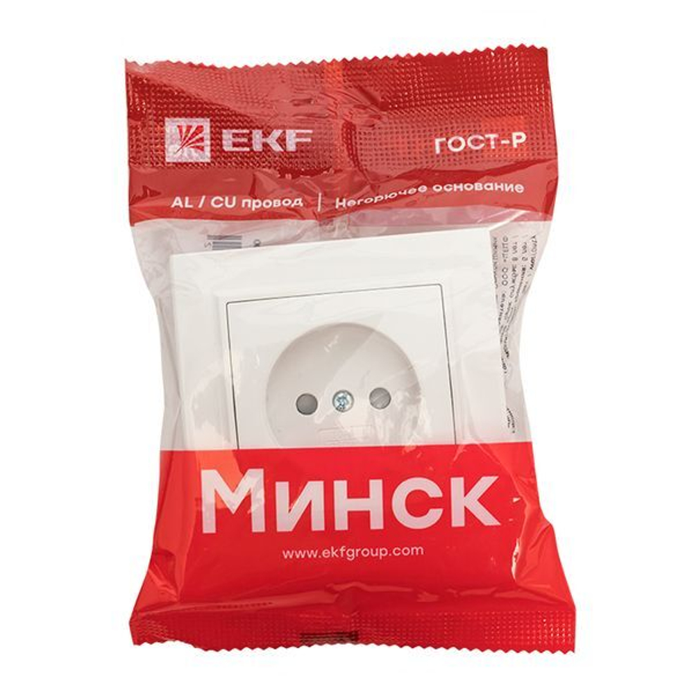 Минск Розетка 1-местная СП без заземления, 10 А, с защ,штор,, белая EKF Basic