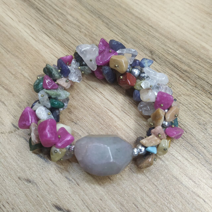 Браслет Ассорти камней бусинки серебристые